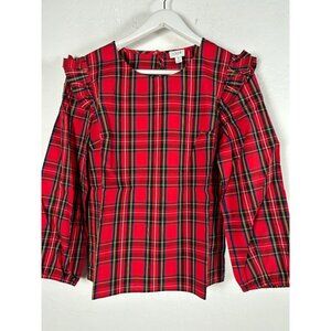 J.Crew Womens Tartan Plaid Ruffle-Trim Woven Top Blouse Medium Red AT885 New $64